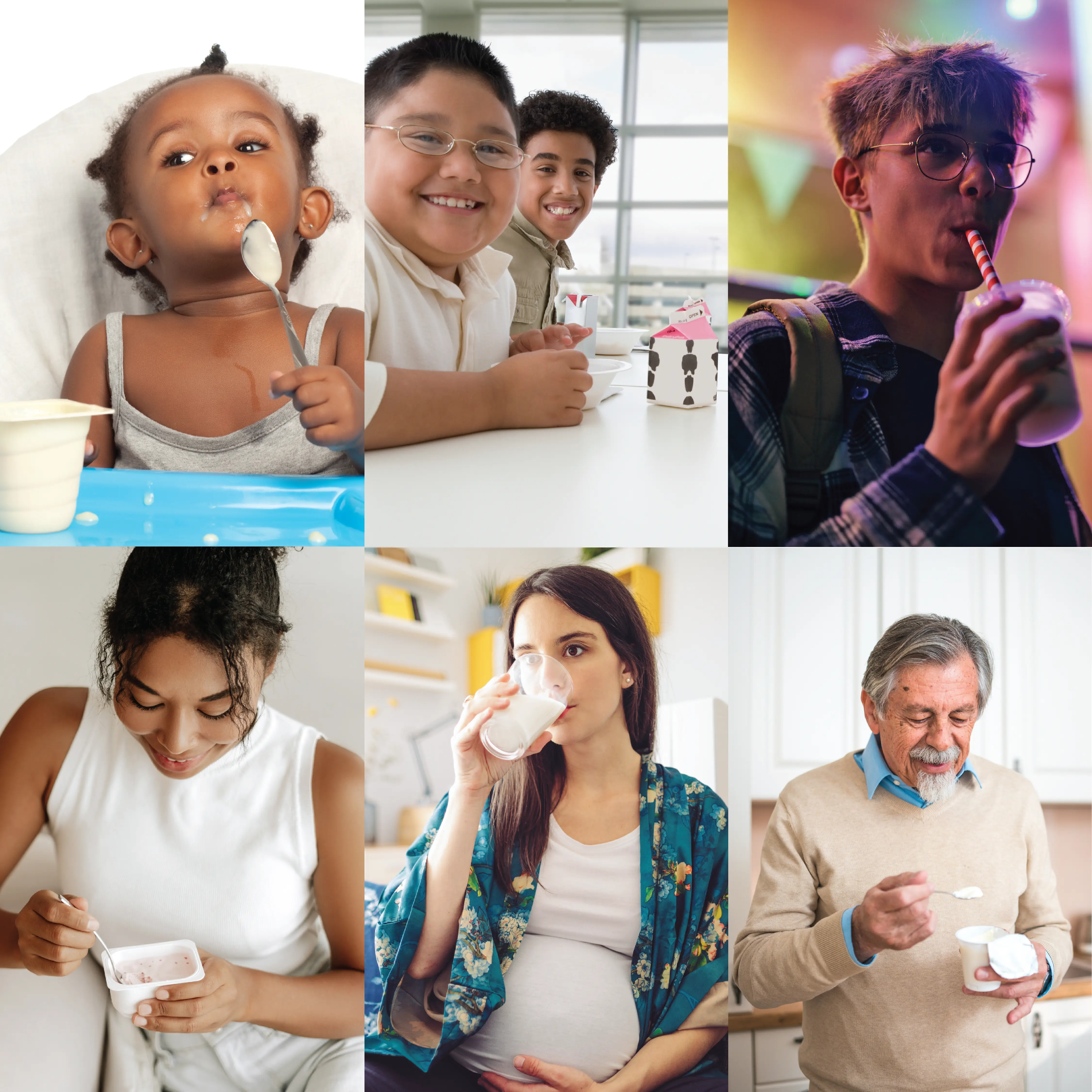 A group of individuals of different ages eating and drinking various dairy products.