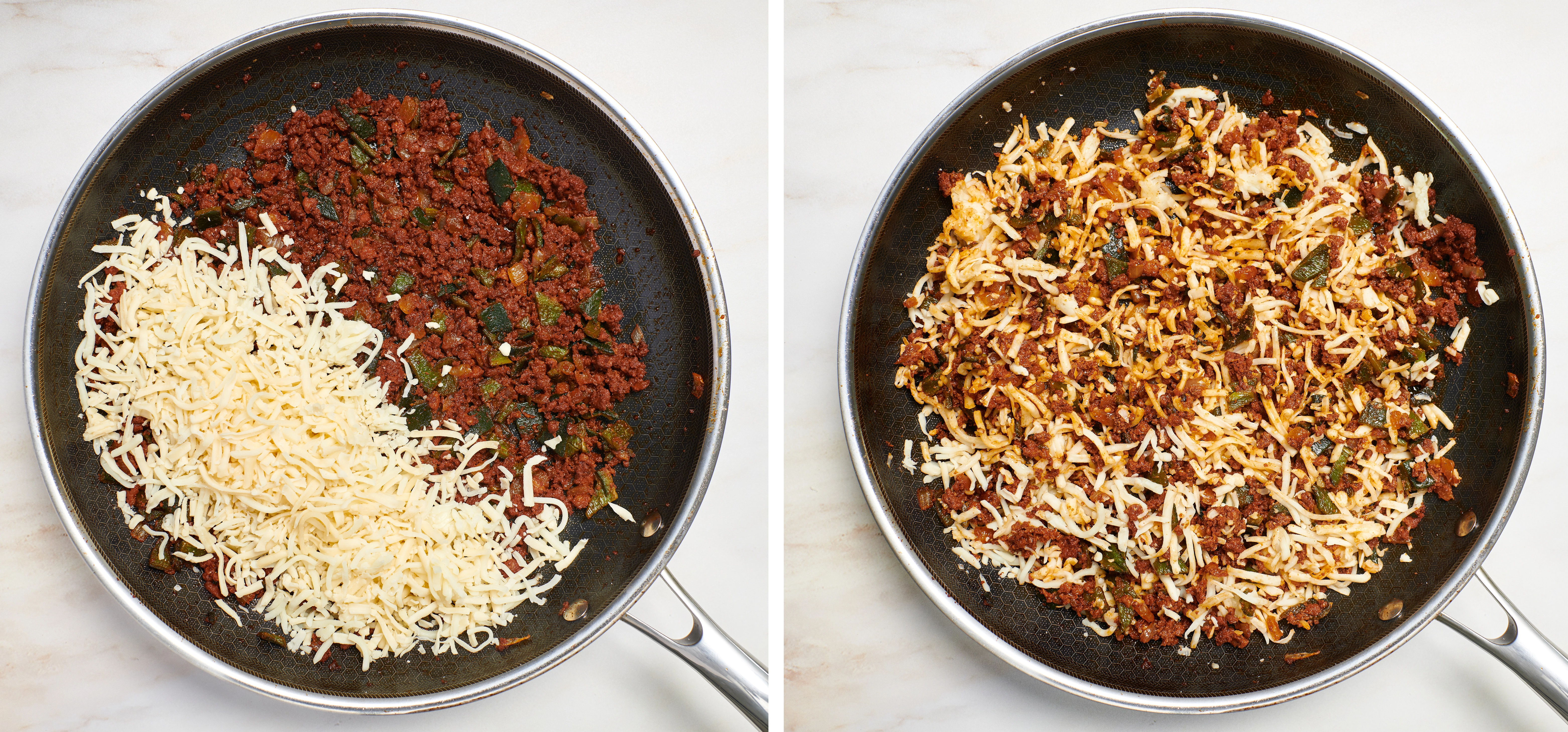 Skillet divided with Oaxaca and Chihuahua cheese on one side and the chorizo mixture on the other. Skillet with Oaxaca and Chihuahua cheese mixed with the chorizo mixture.