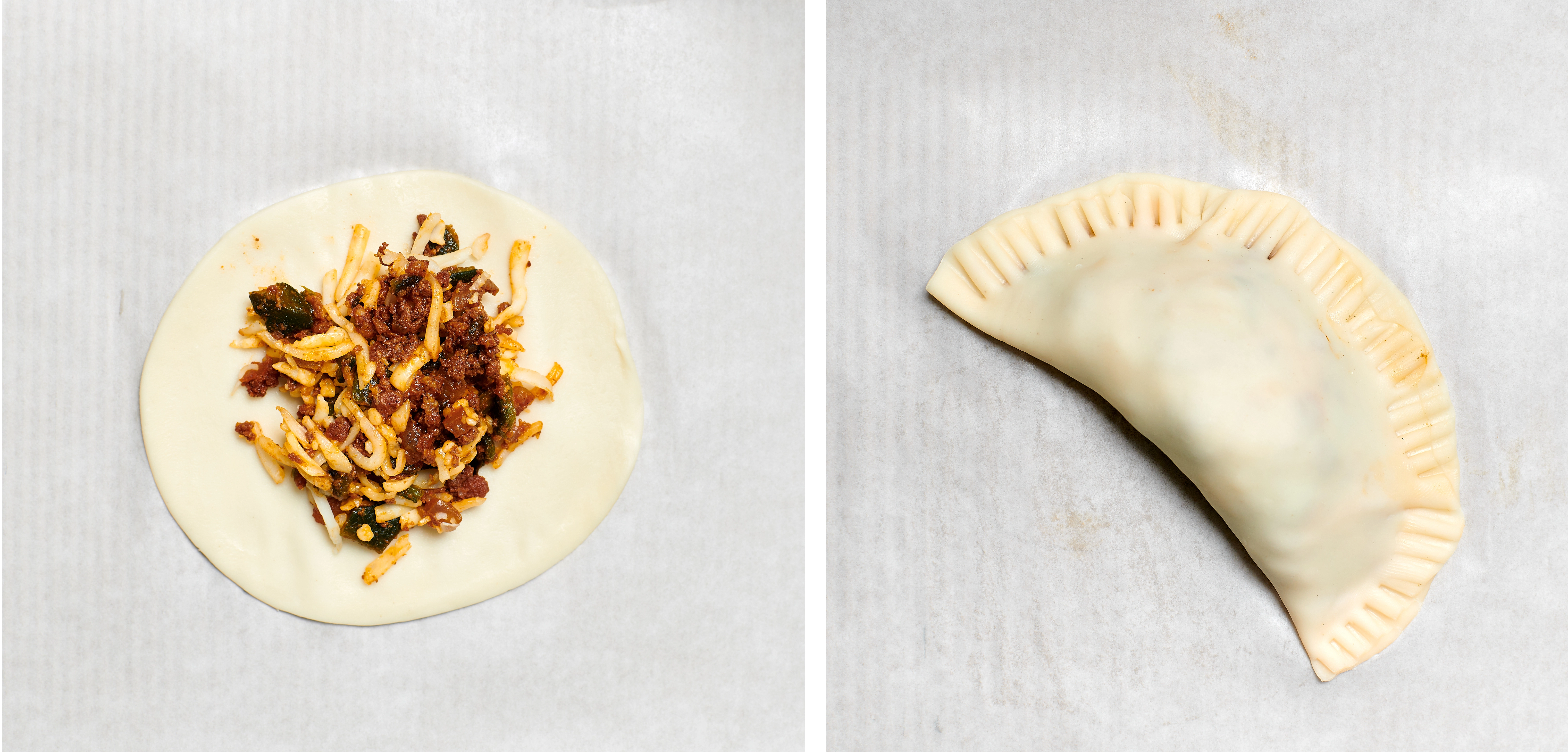 Chorizo and cheese mixture placed on an empanada dough disc. One assembled empanada filled with queso fundido and chorizo.