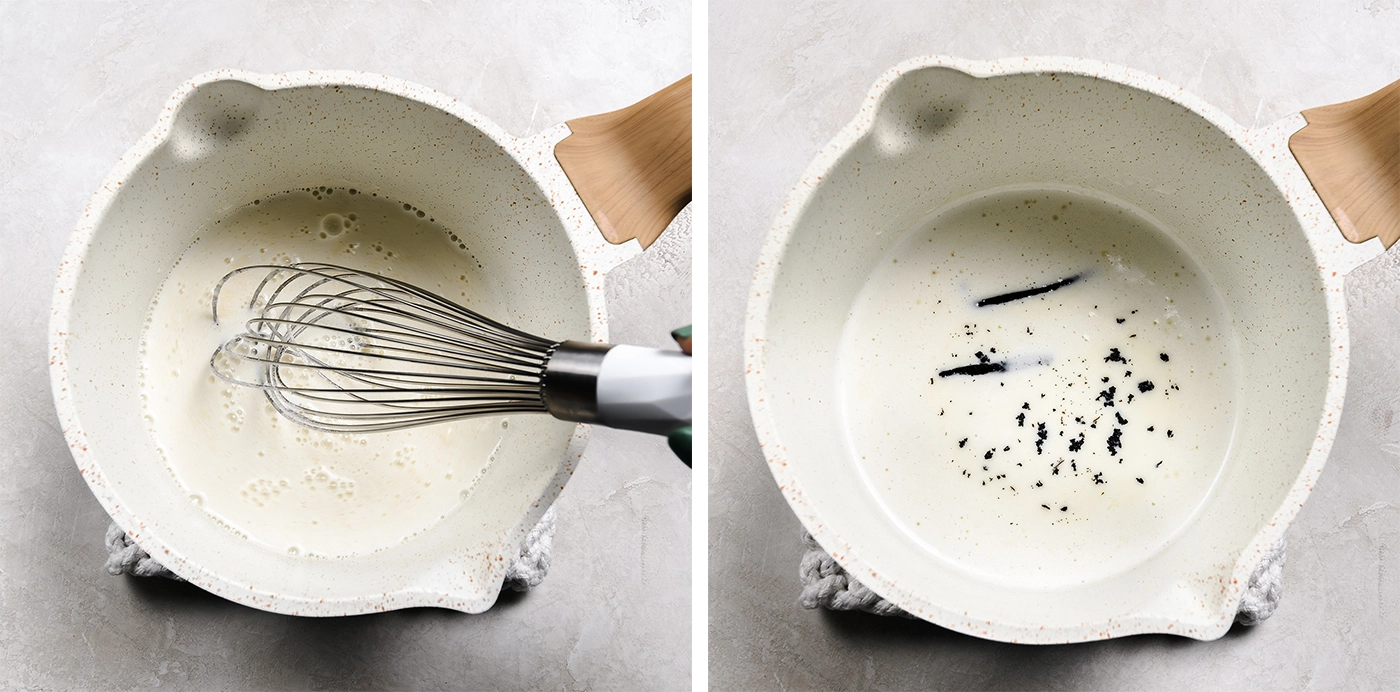 Heated milk in a bowl, whisked with protein powder. Heated milk in a bowl, whisked with vanilla extract.