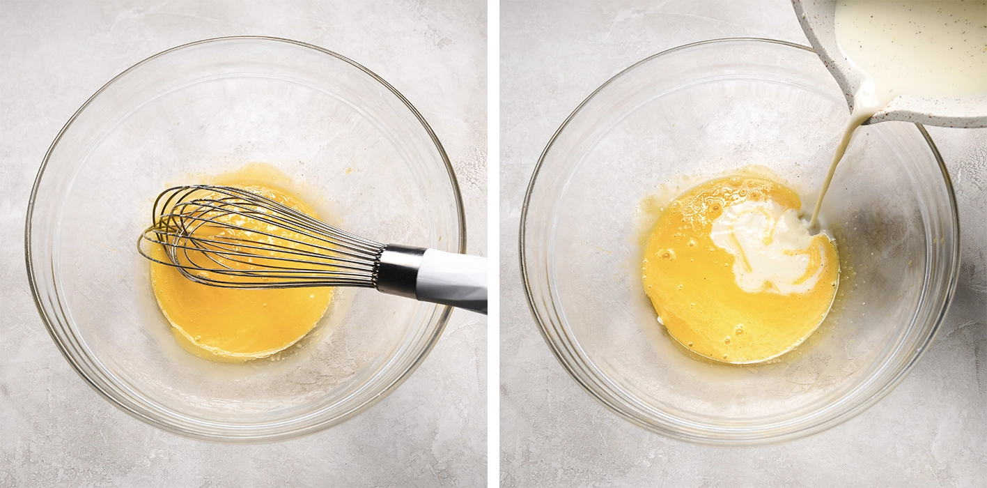 Whisked egg yolks in a bowl. Whisked egg yolks in a bowl with milk to temper.