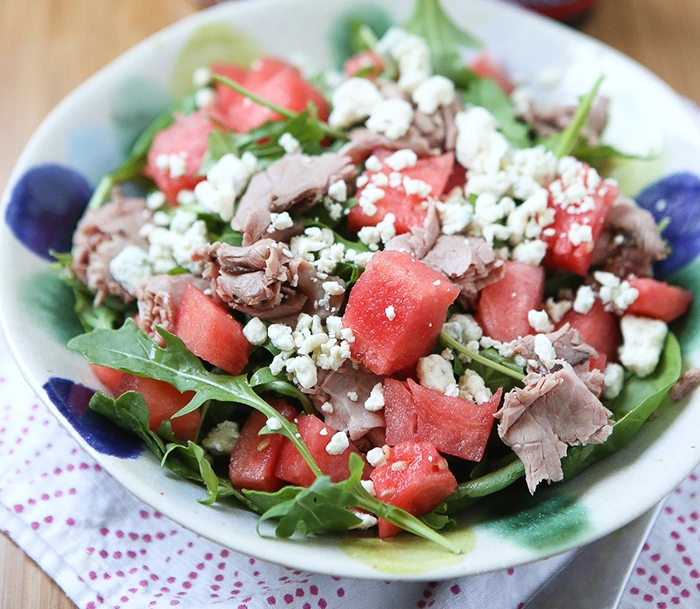 Roast Beef, Spinach and Arugula Salad with Watermelon